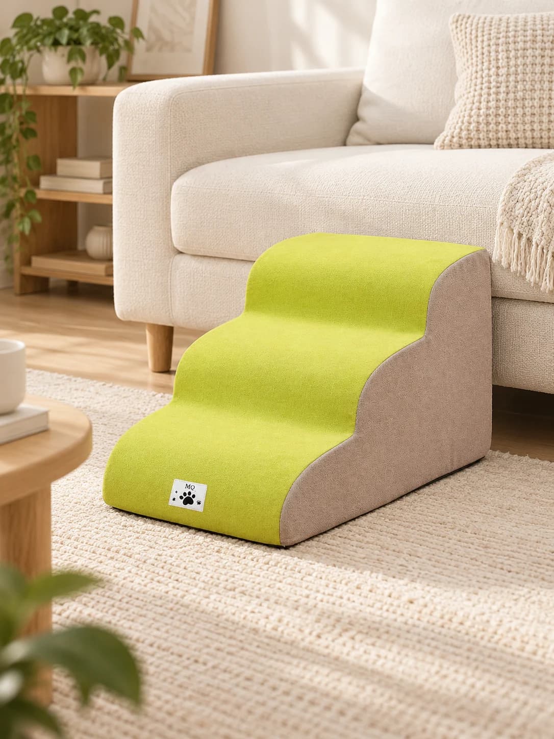 Referenzmodell: Gelb/Beige · 3 Stufen · Platzierung am niedrigen Sofa – KI-generierte Illustration