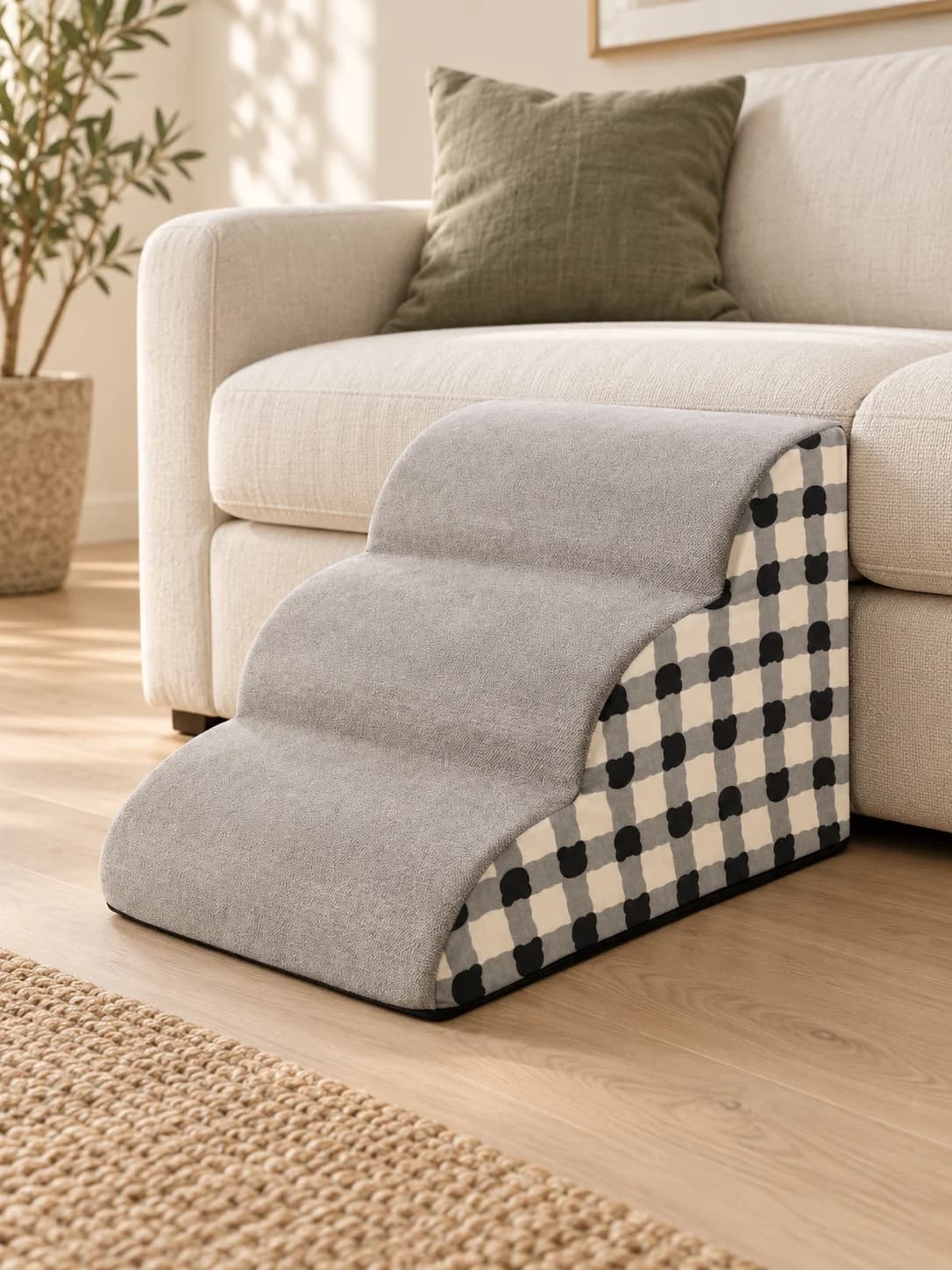 Dreistufige Schaumstofftreppe neben einem niedrigen Sofa – KI-generierte Platzierungsillustration