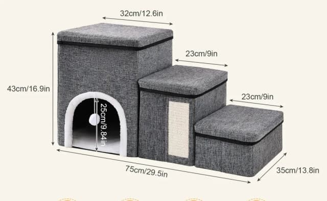 Maße der Hundetreppe mit Stauraum: 43 cm hoch, 75 cm tief und 35 cm breit