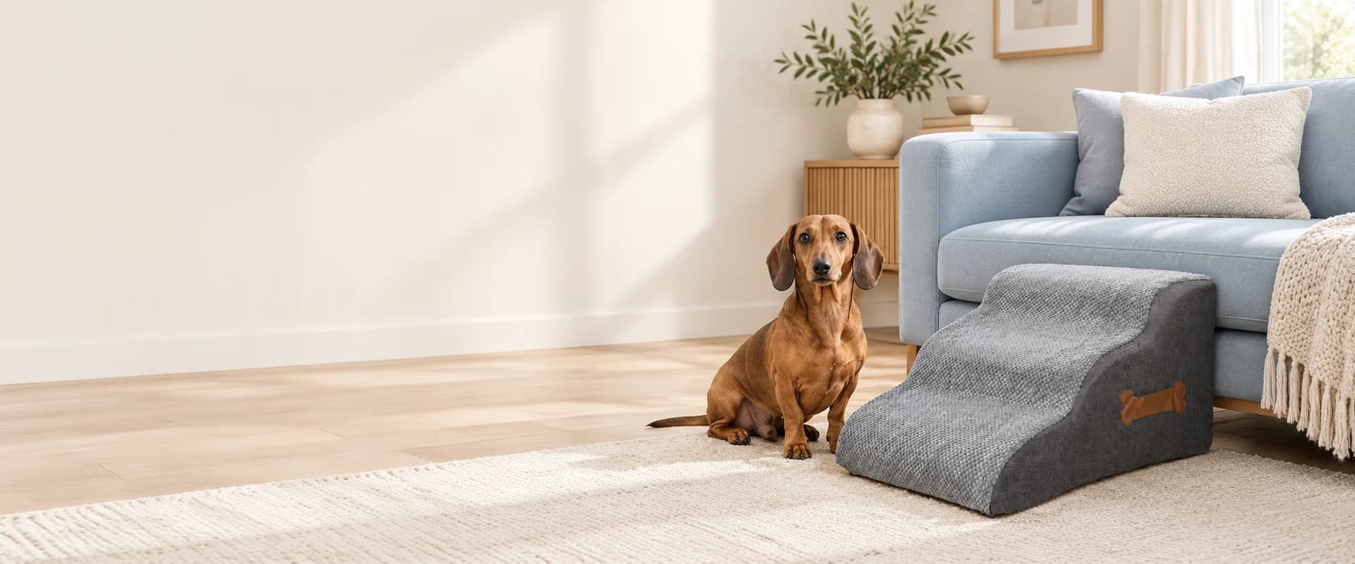 Graue dreistufige Hundetreppe und Dackel neben einem Sofa – KI-Illustration