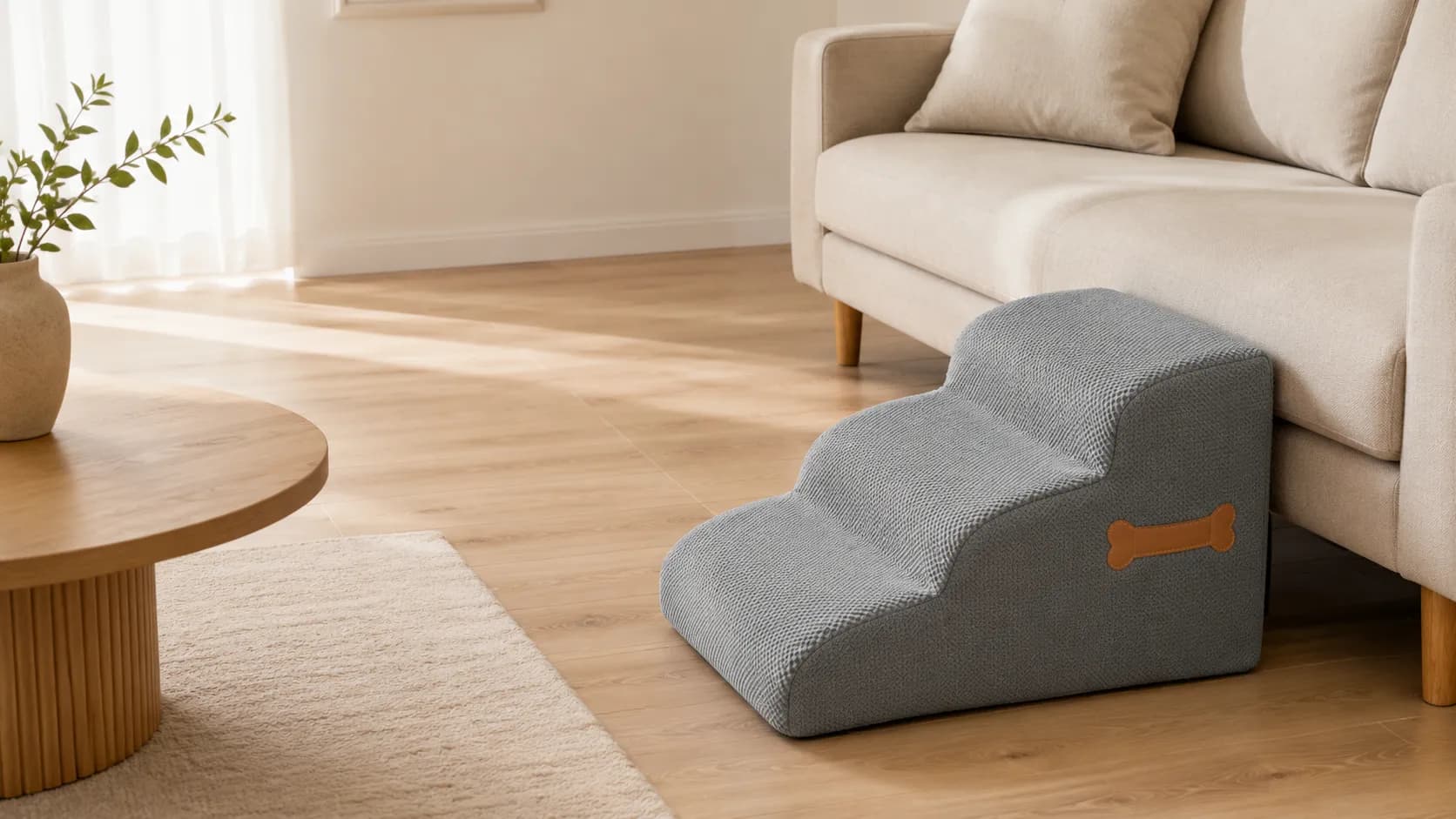 Niedrige Hundetreppe neben einem Sofa im Wohnzimmer