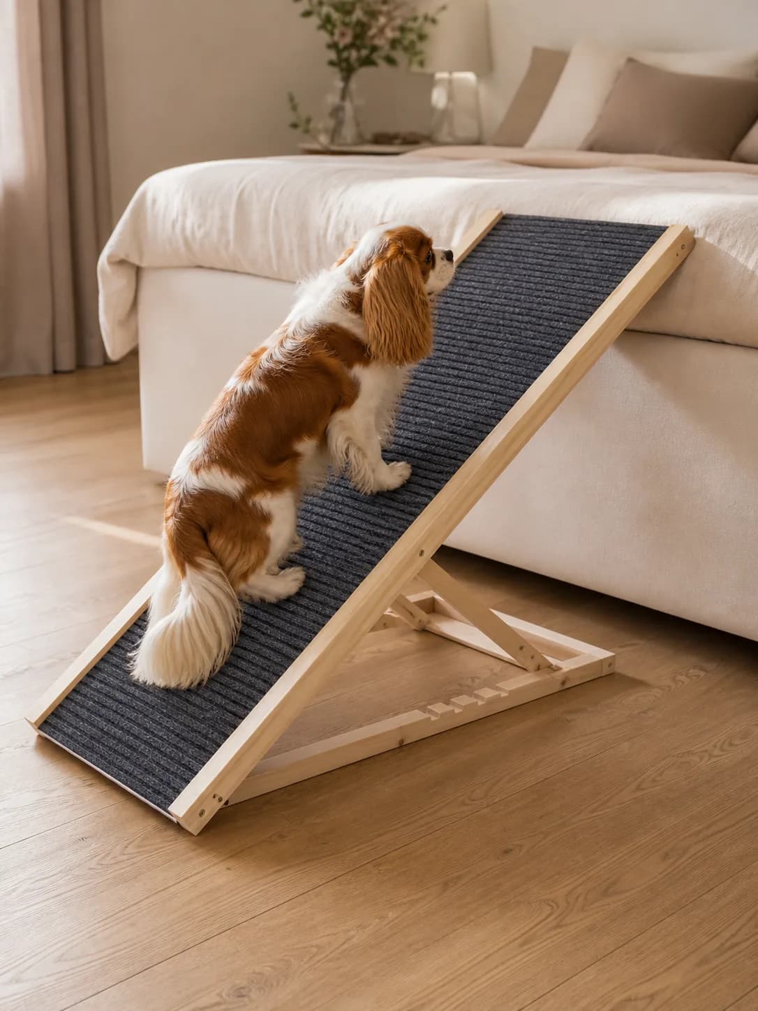 Kleiner Hund nutzt die 100 cm lange Hunderampe an einem hohen Bett