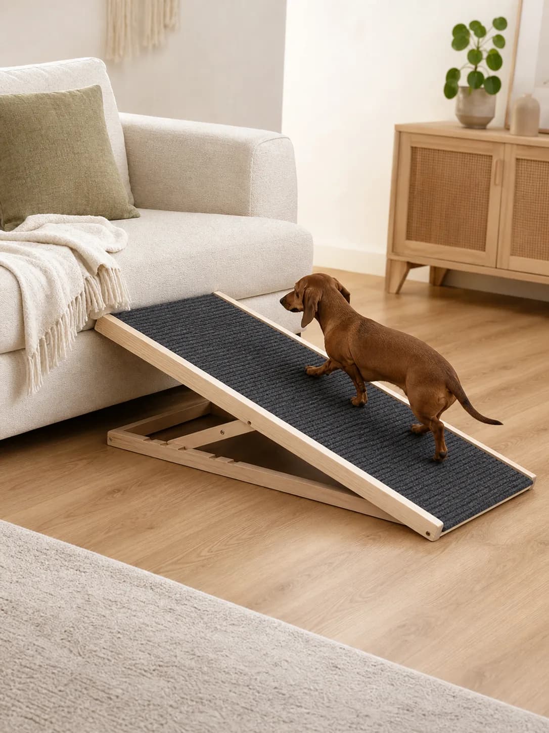 Dackel läuft über die 100 cm lange Hunderampe auf ein niedriges Sofa