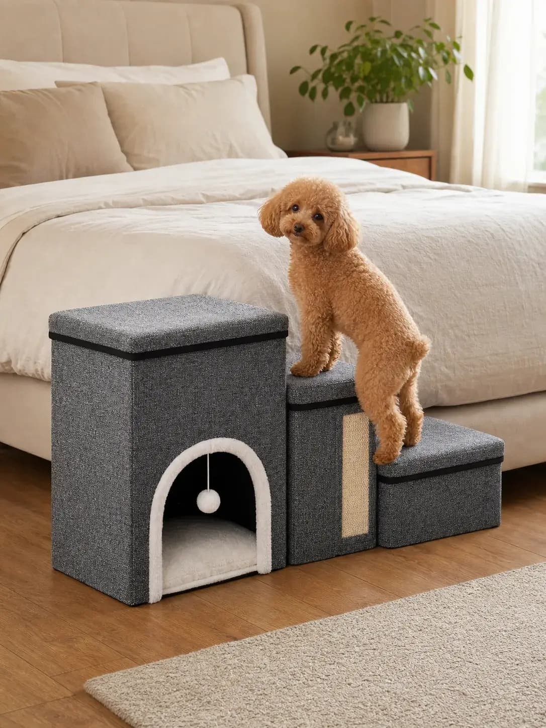 Kleiner Hund nutzt die Hundetreppe mit Stauraum an einem Bett