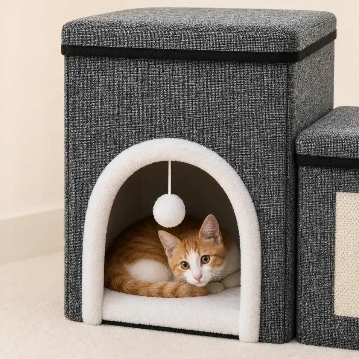 Katze liegt in der gepolsterten Höhle der Hundetreppe