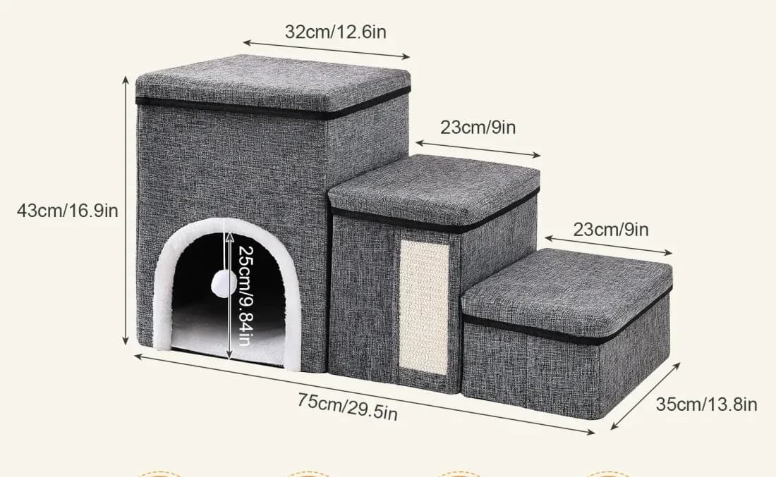 Maße der Hundetreppe mit Stauraum: 43 cm hoch, 75 cm tief und 35 cm breit