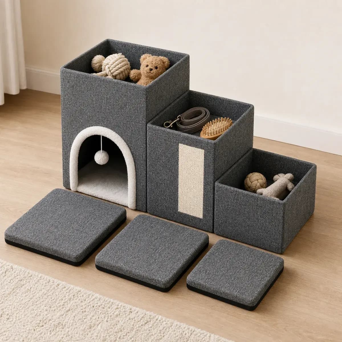 Drei geöffnete Aufbewahrungsboxen der Hundetreppe