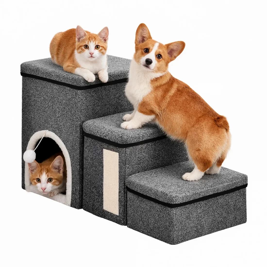 Dunkelgraue Hundetreppe mit drei Stufen, Stauraum und Höhle
