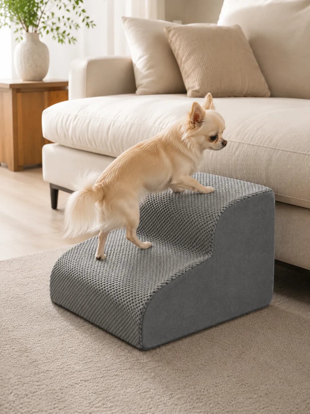 Chihuahua steigt über eine niedrige Hundetreppe auf ein Sofa