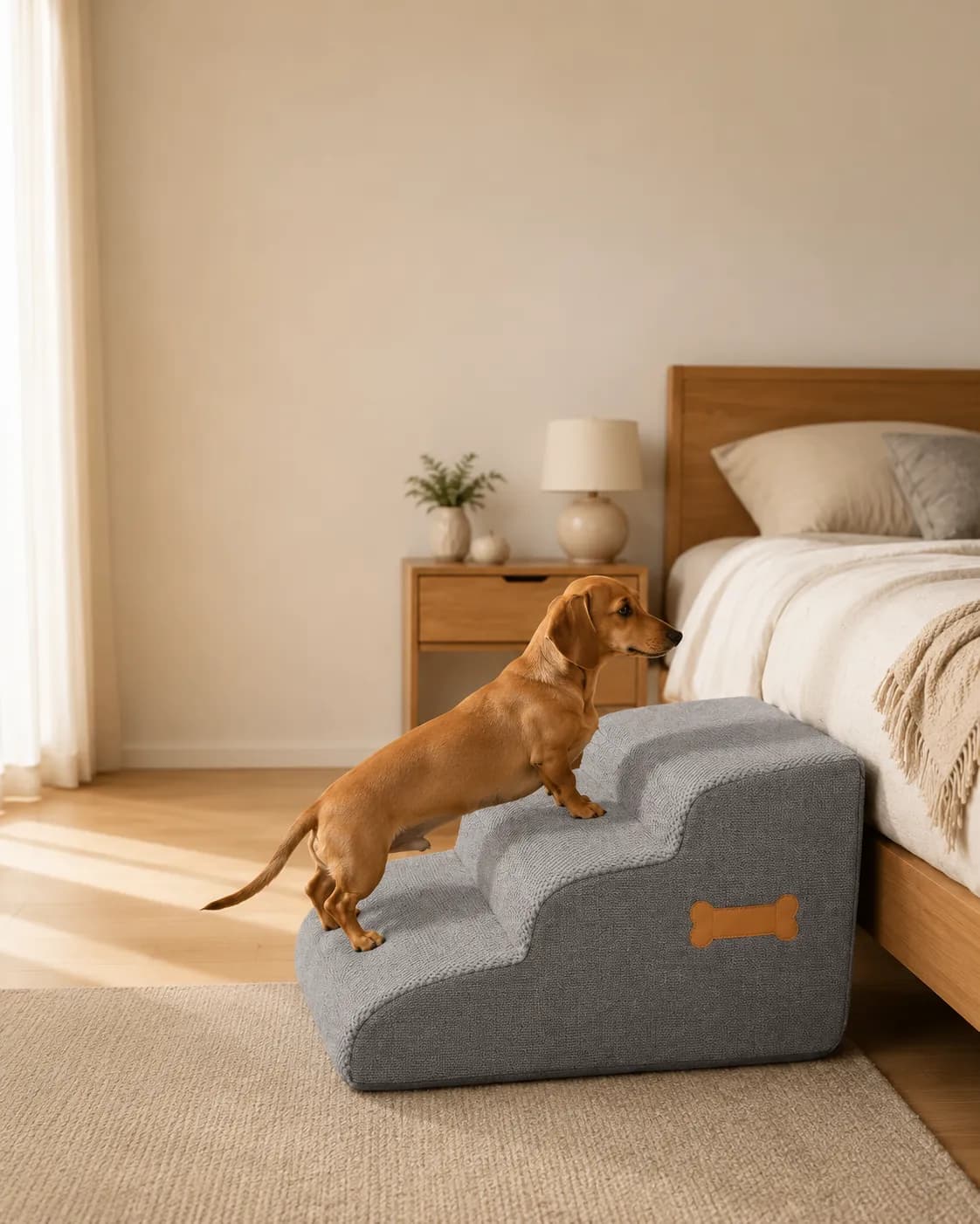 Hohe Hundetreppe mit vier Stufen an einem hohen Bett