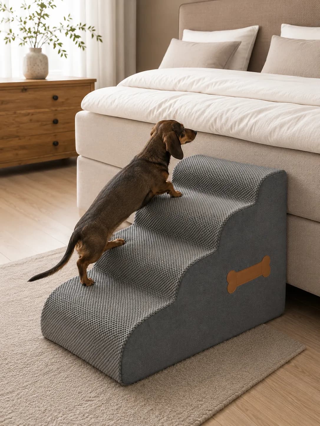 Dackel steigt über eine Hundetreppe auf ein Bett