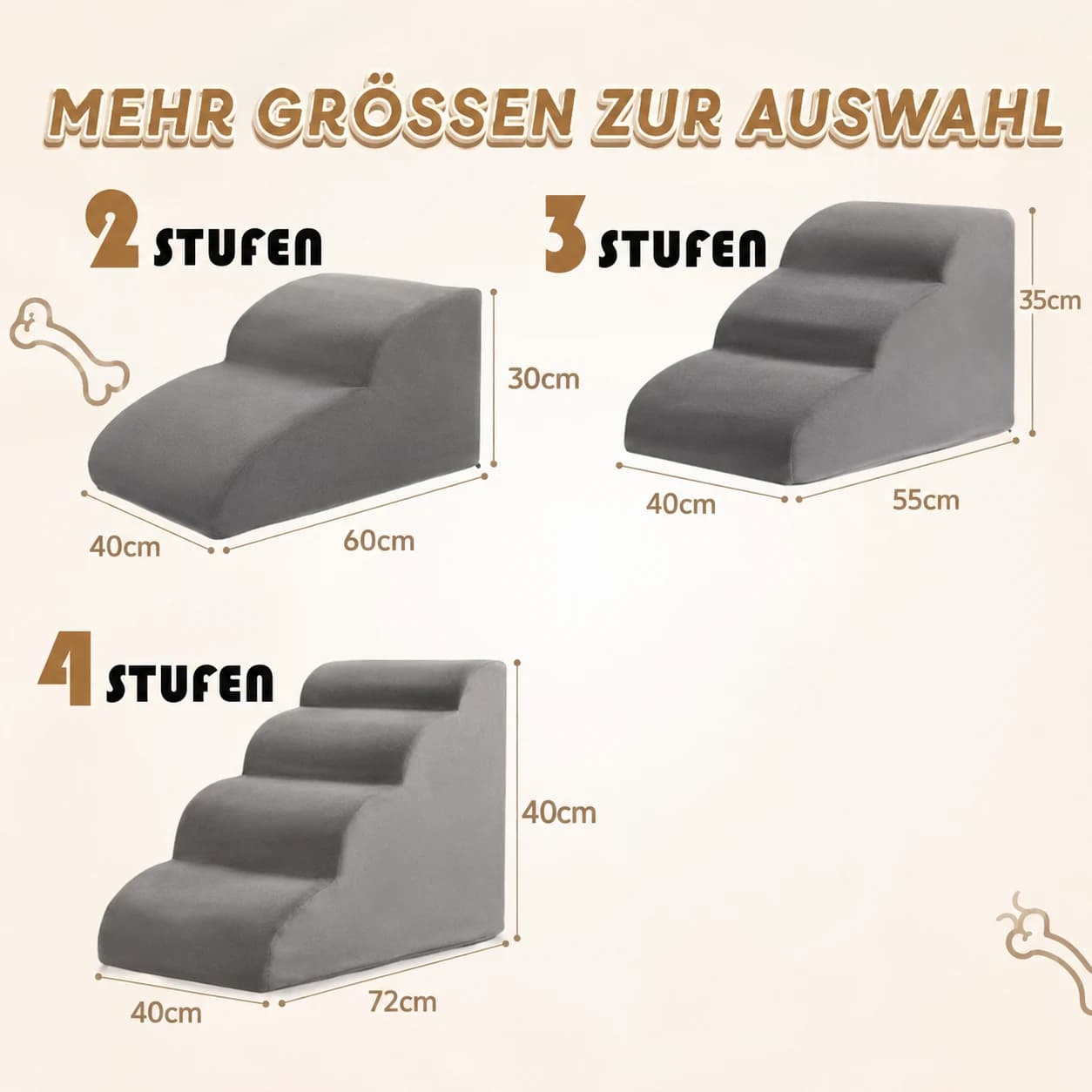 Maße der Hundetreppe: 2, 3 und 4 Stufen im Vergleich