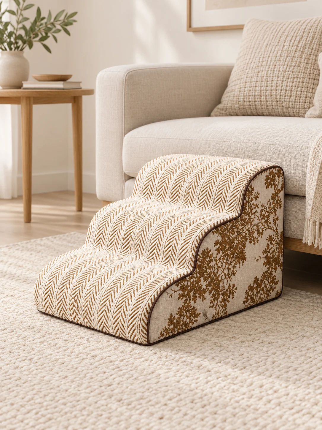 3 Stufen · Kurkuma/Creme · Platzierung am niedrigen Sofa – KI-generierte Illustration des Referenzmodells