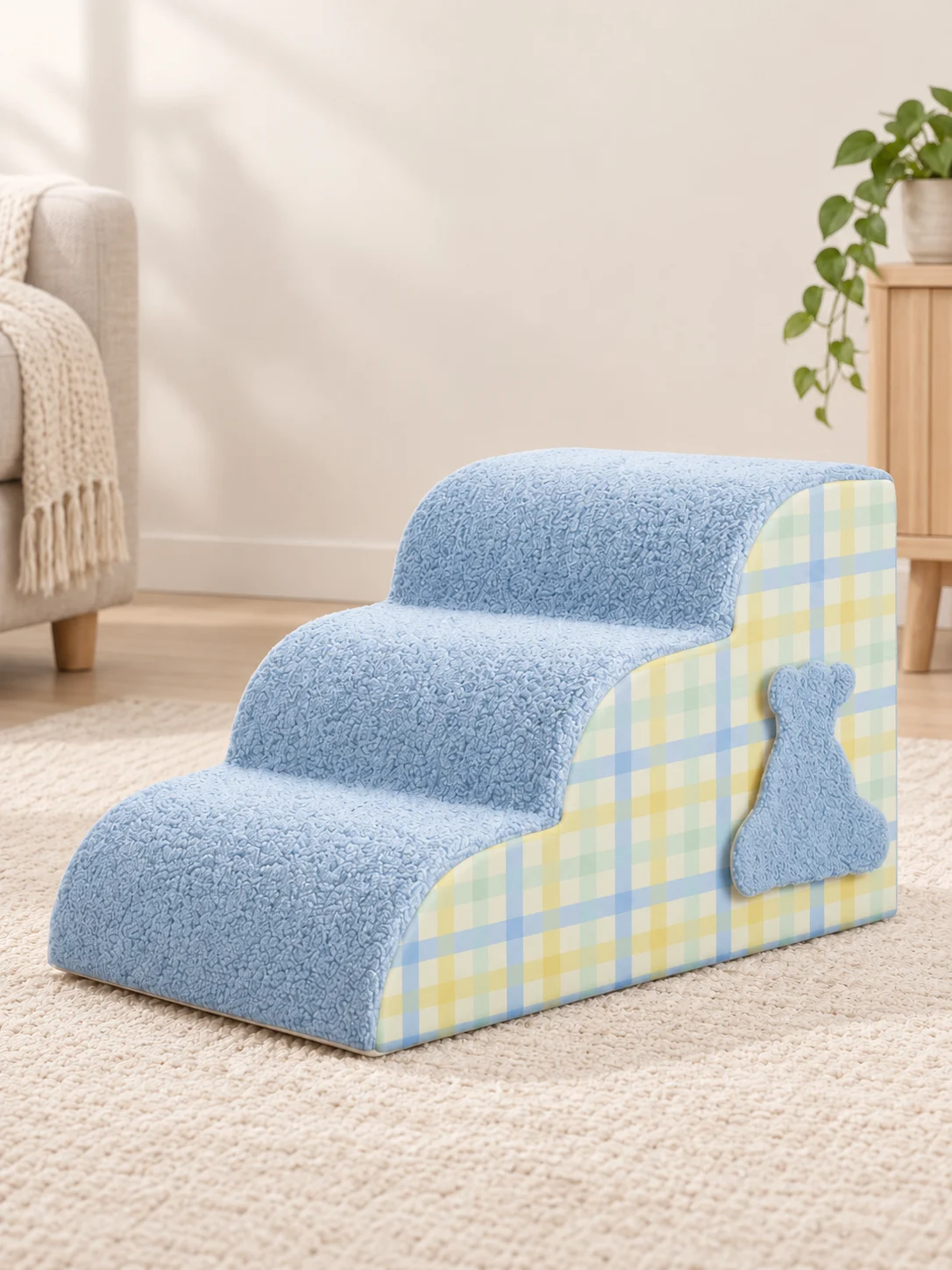 3 Stufen · 35 cm · Blau kariert · Bärenmotiv – KI-generierte Produktillustration