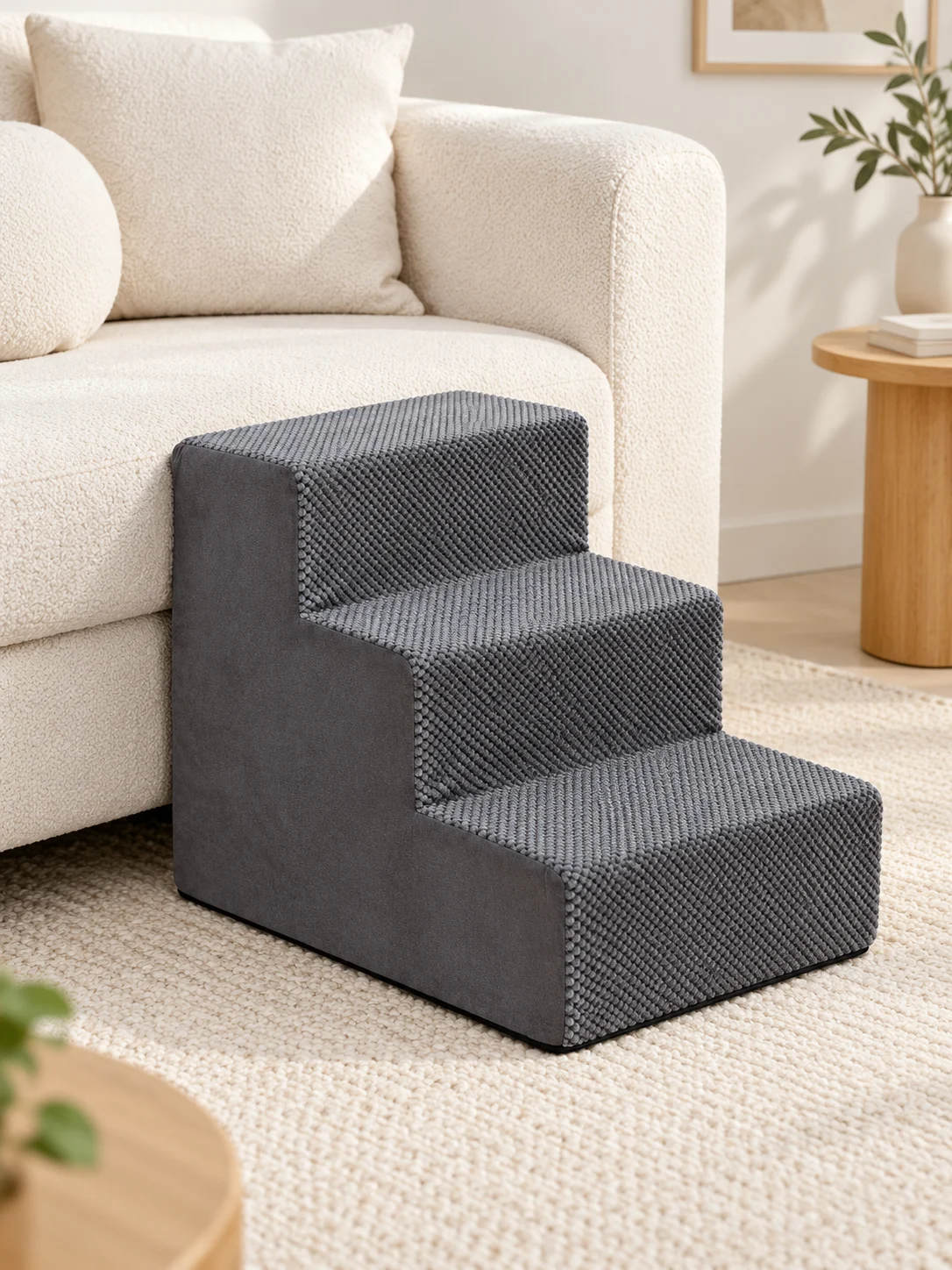3 Stufen M · Grau · Platzierung am niedrigen Sofa – KI-generierte Illustration des Referenzmodells