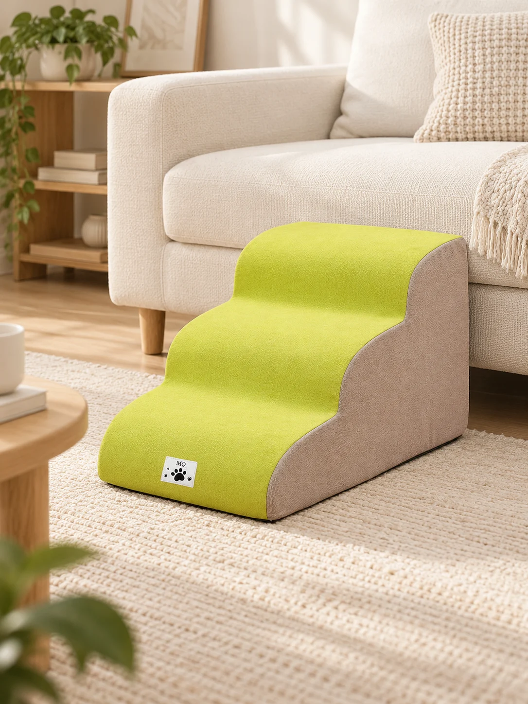 Referenzmodell: Gelb/Beige · 3 Stufen · Platzierung am niedrigen Sofa – KI-generierte Illustration