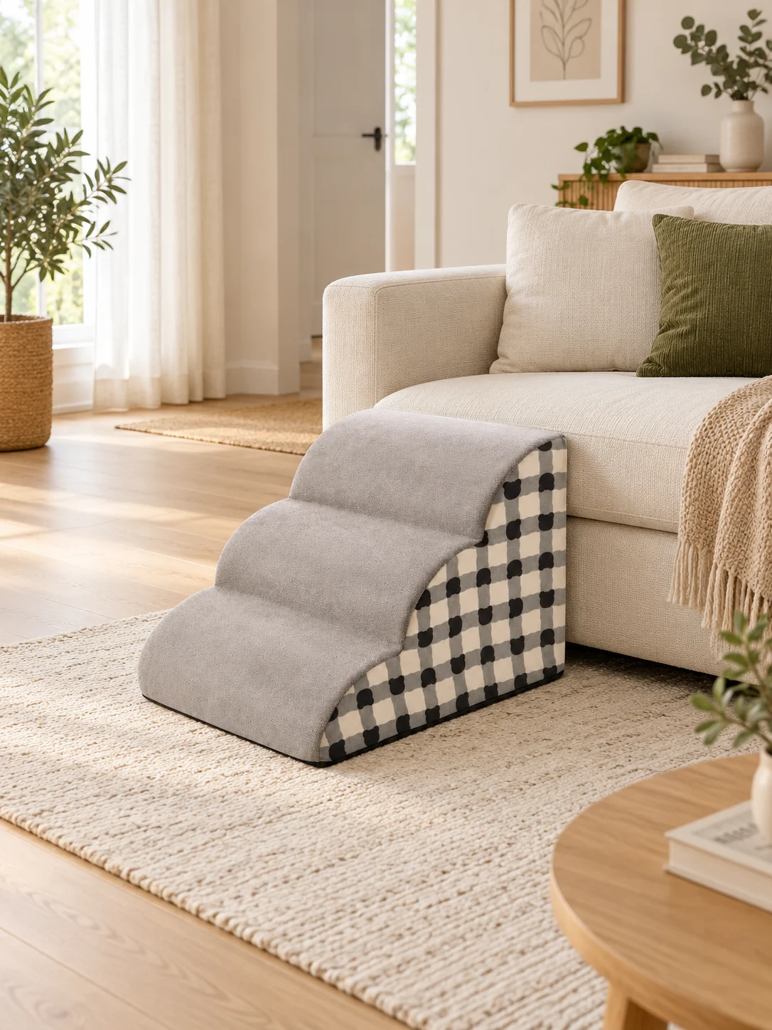 Hundetreppe vor einem niedrigen Sofa im Wohnzimmer mit freier Gehfläche – KI-generierte Platzierungsillustration