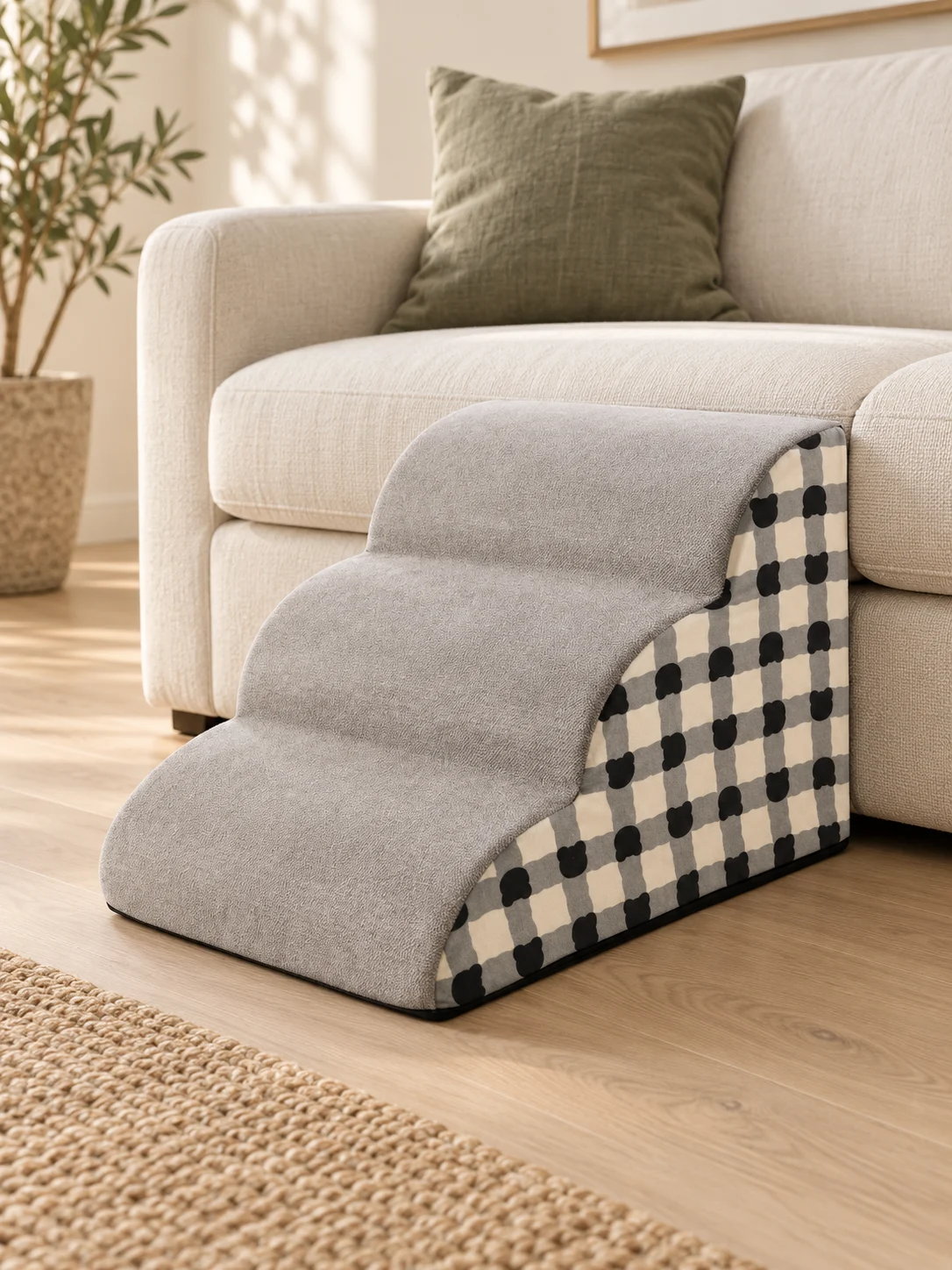 Hundetreppe mit Karomuster neben einem niedrigen Sofa auf hellem Holzboden – KI-generierte Platzierungsillustration