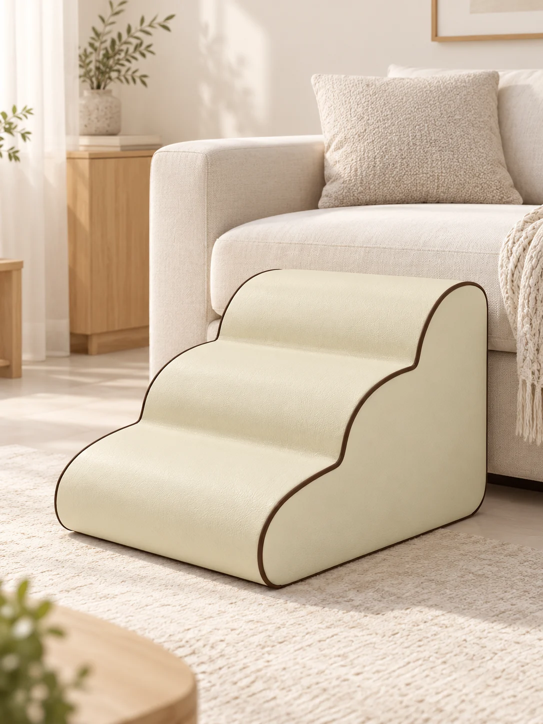 Referenzmodell: Creme · 3 Stufen · Platzierung am niedrigen Sofa – KI-generierte Illustration