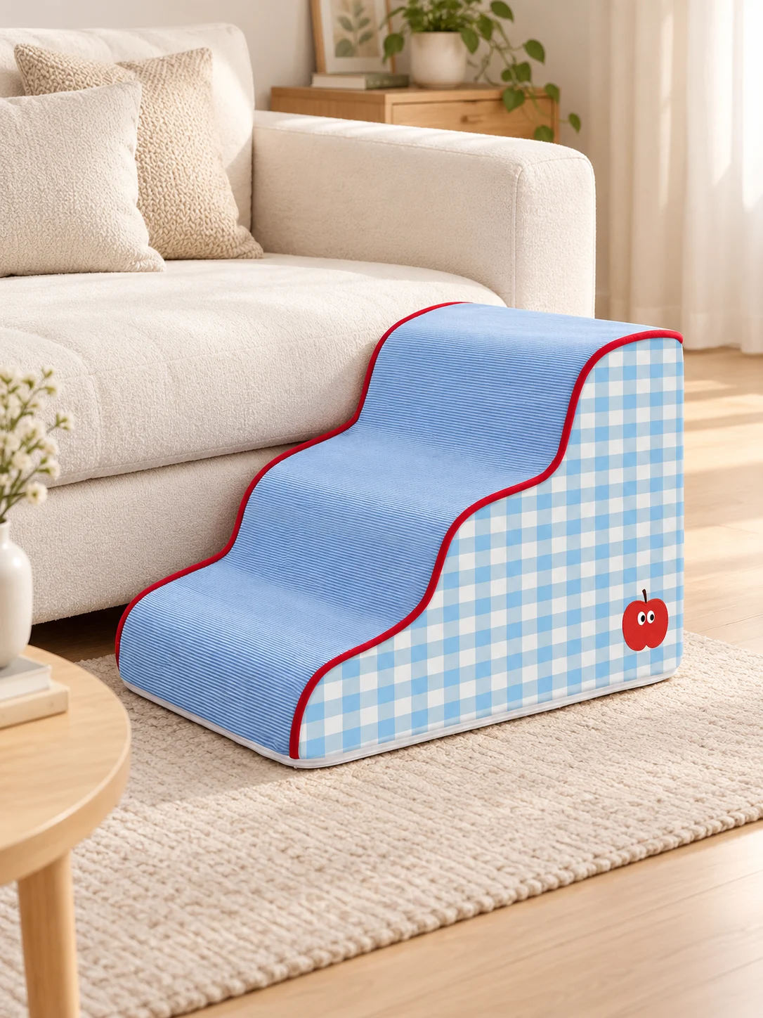 Referenzmodell: 3 Stufen · Blau kariert neben einem niedrigen Sofa – KI-generierte Platzierungsillustration