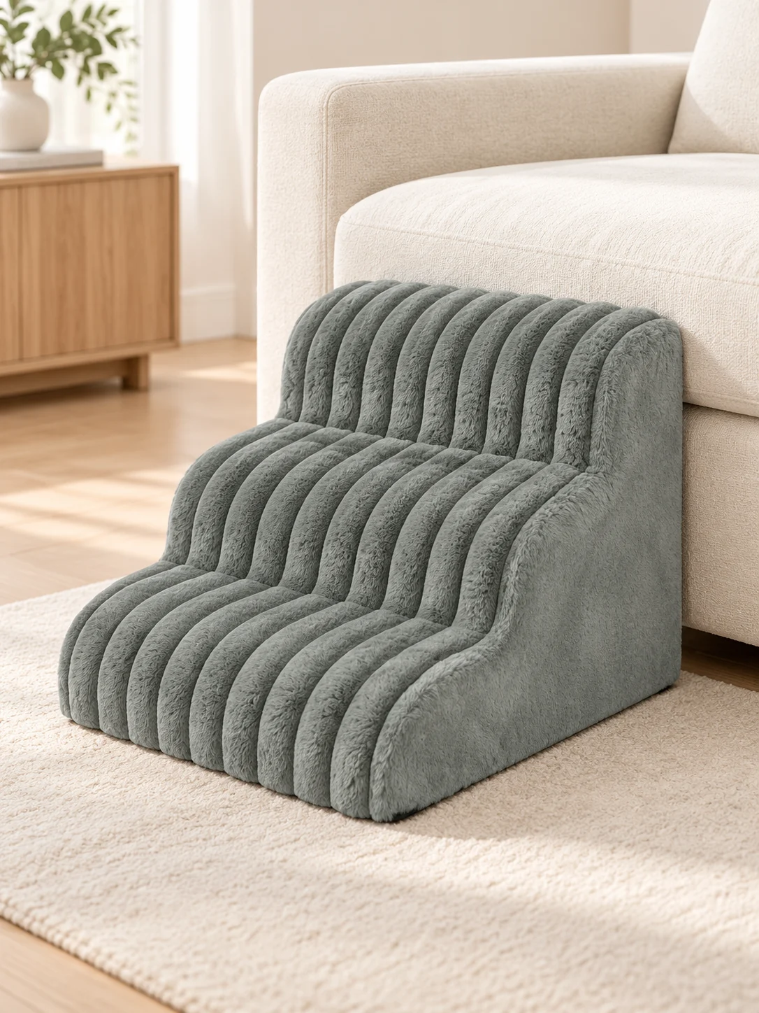 Referenzmodell: Grau · 3 Stufen · Platzierung am niedrigen Sofa – KI-generierte Illustration