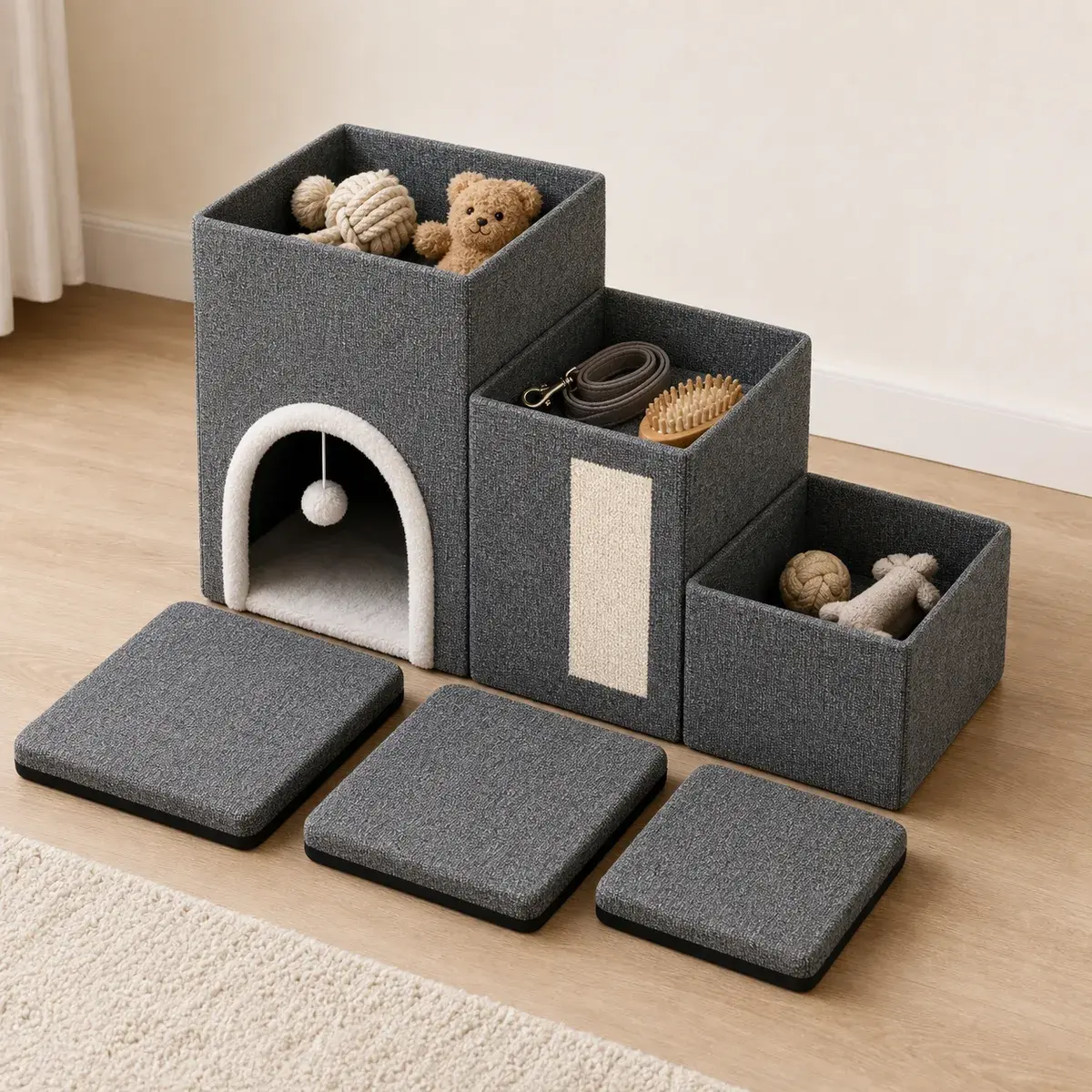 Drei geöffnete Aufbewahrungsboxen der Hundetreppe