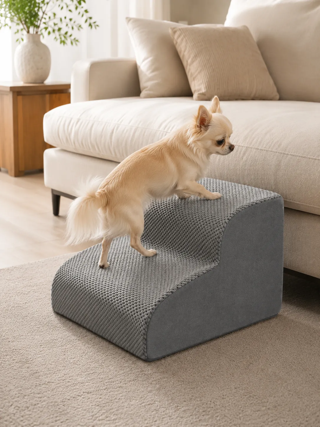 Chihuahua steigt über eine niedrige Hundetreppe auf ein Sofa