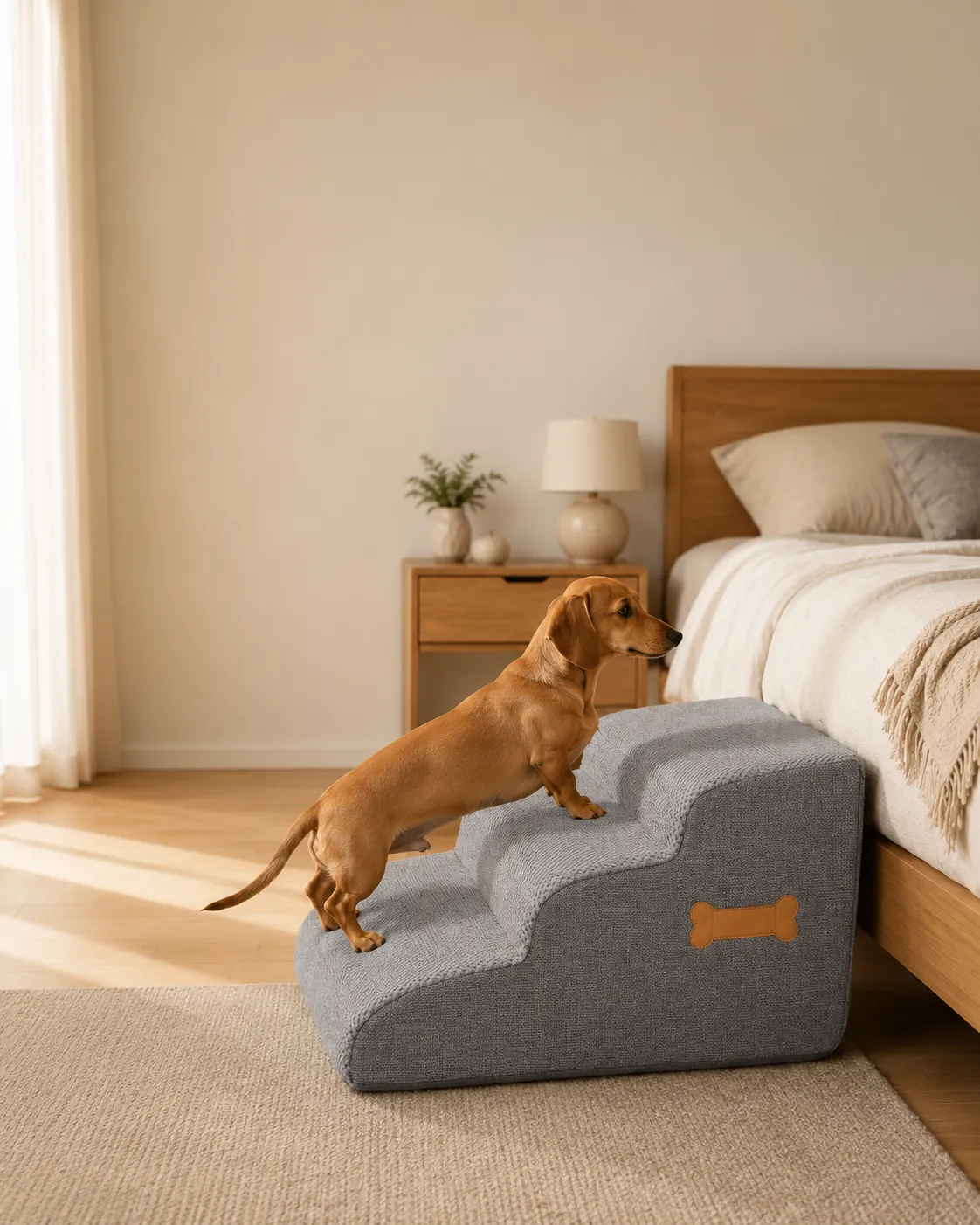 Dackel neben einer Hundetreppe mit vier Stufen am Bett