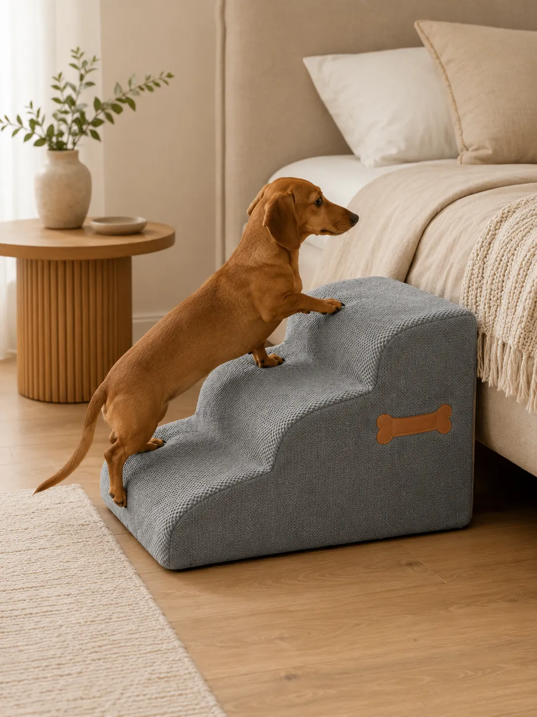 Dackel steigt über eine Hundetreppe auf ein Bett