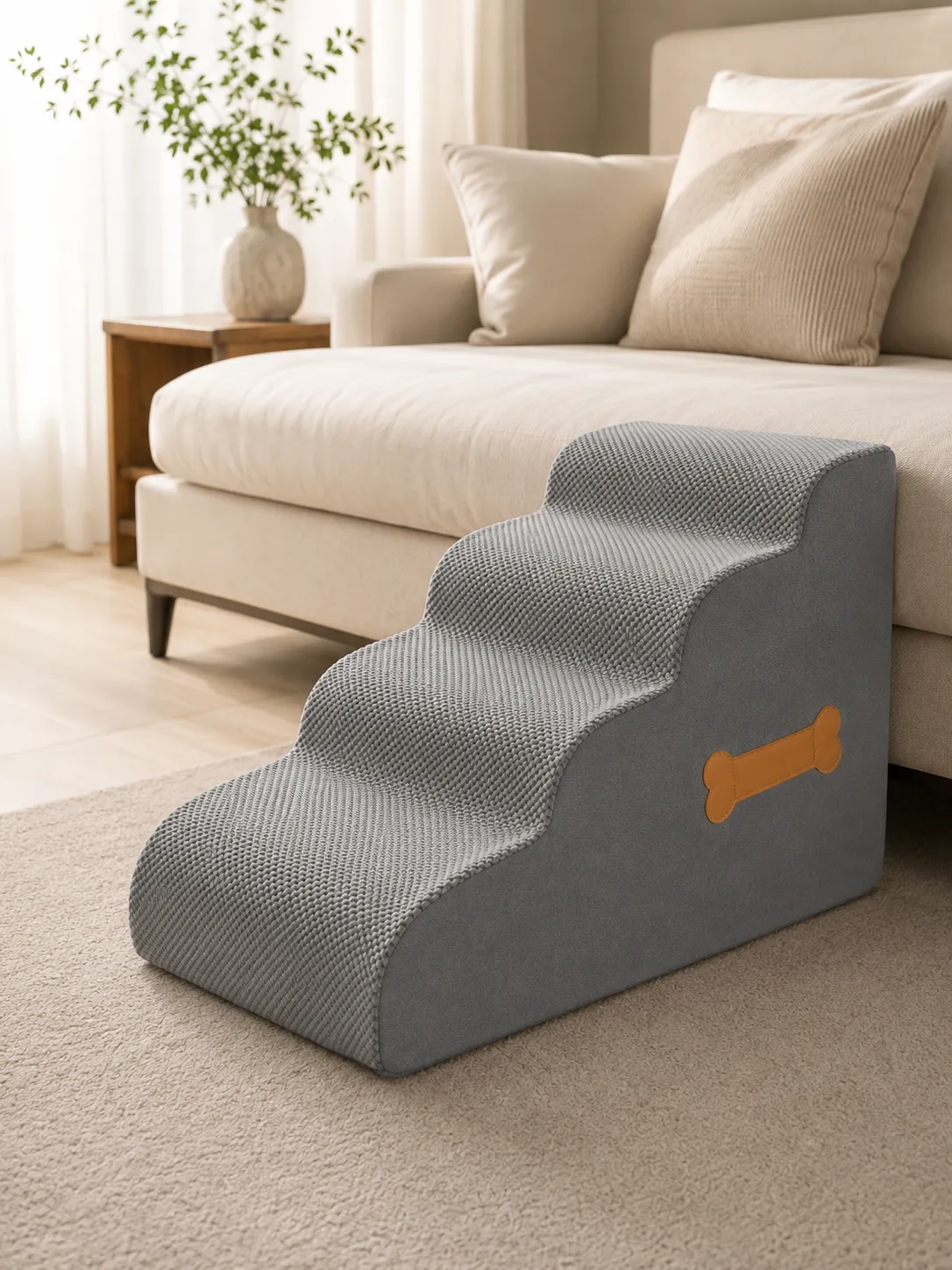 Hundetreppe mit vier Stufen neben einem Sofa